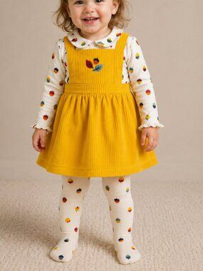 Wonder Nation 3 Pc, 24 M Mustard Corduroy Pinafore Dress Top Tights NWT Toddler